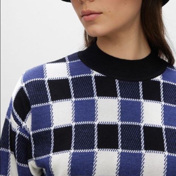 BNWOT BOSS REGULAR-FIT SWEATER WITH CHECK PATTERN AND SOLID RIBBING - Picture 2 of 12